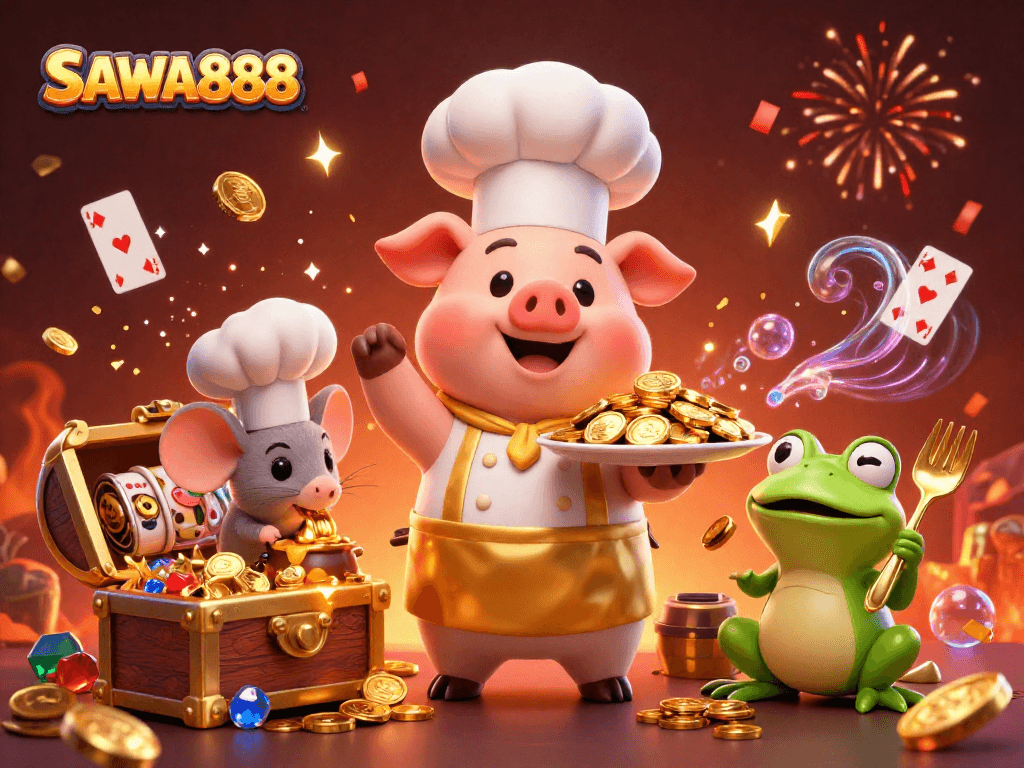 Spin winning slots on SAWA888 amidst a vibrant, festive celebration of gold coins.