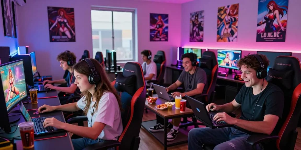 Gamers enjoying exciting hentai games in a vibrant gaming lounge