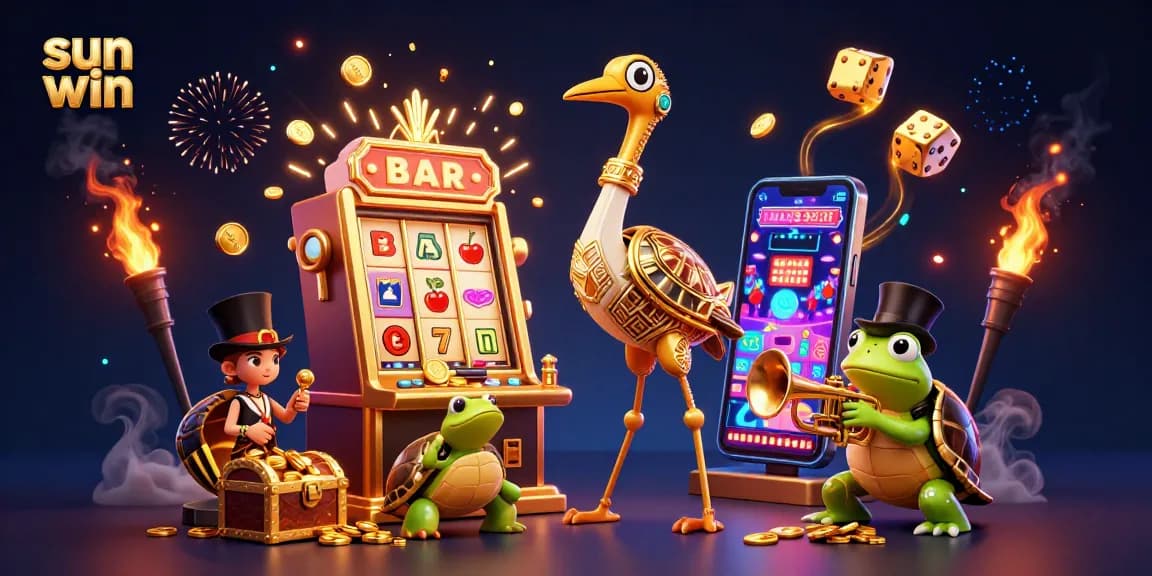 Experience the excitement of sun win with this vibrant 3D casino scene featuring cartoon characters and gambling elements.