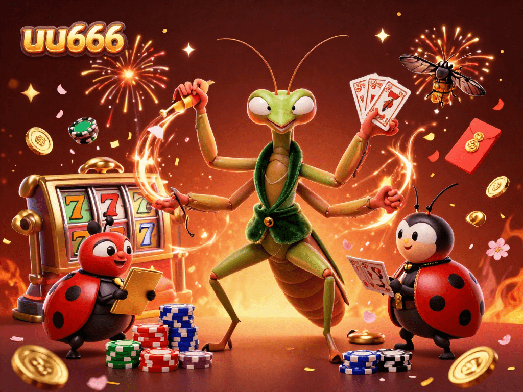 Experience the excitement of uu666 gaming as a giant mantis deals cards and shuffles chips in a vibrant casino.