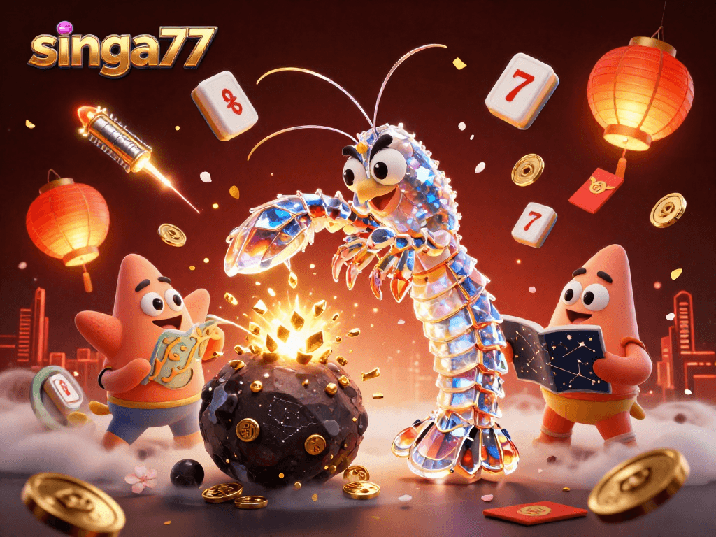 Singa77 immerses players in casino excitement with dynamic 3D samurai shrimp and casino elements.