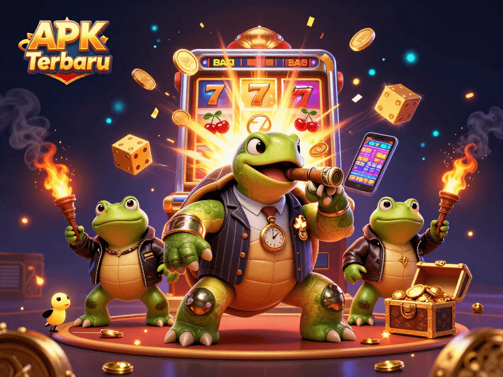 Experience the excitement of APK Slot Terbaru as a turtle in a mobster suit stands alongside bullfrogs amid a jackpot explosion.