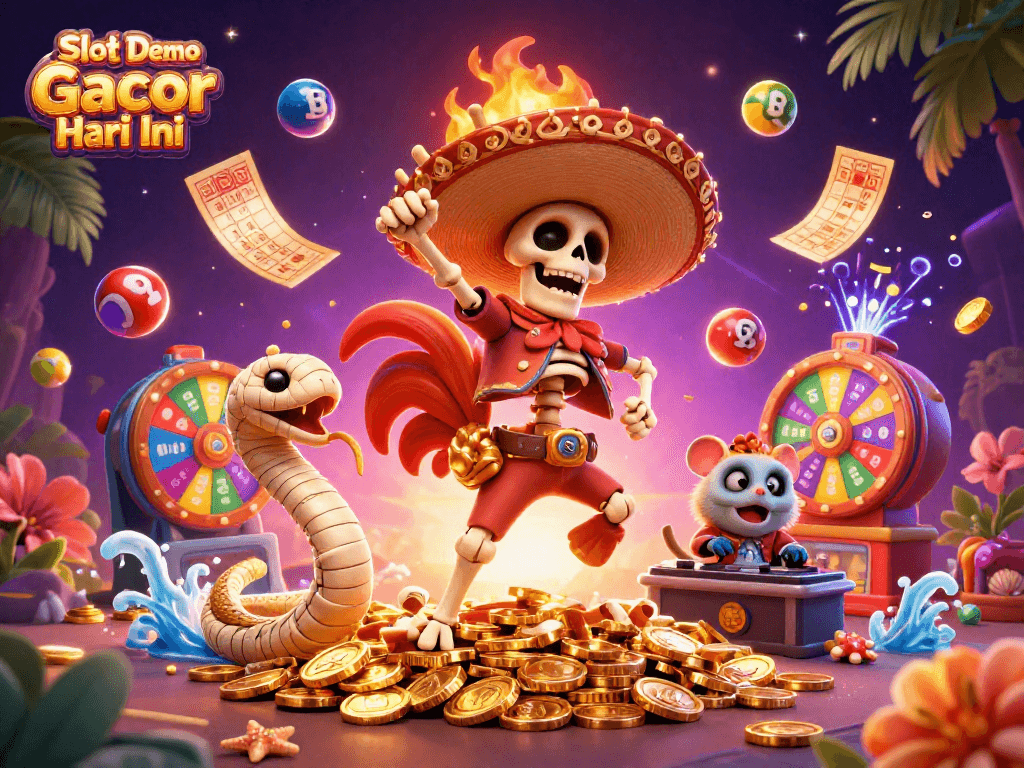 Experience Slot Demo Gacor Hari Ini with vibrant characters dancing on golden coins amidst lottery excitement.