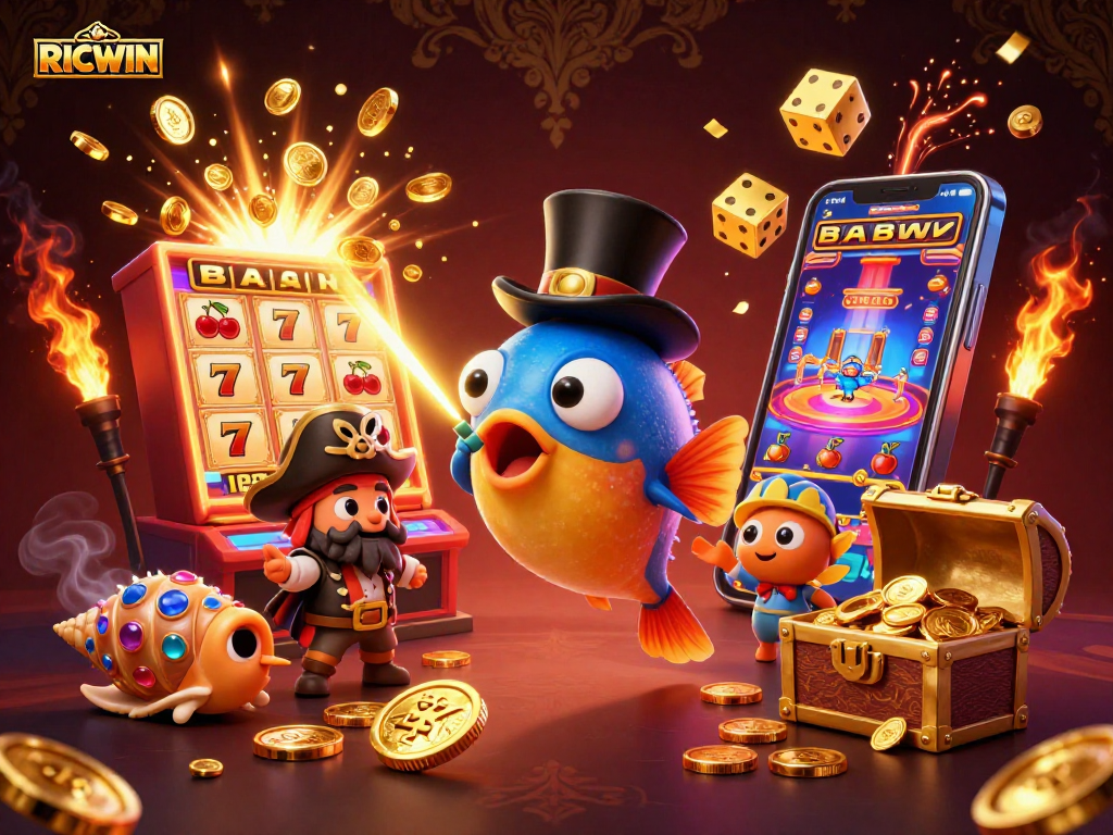 Experience RICWIN excitement through thrilling slots and vibrant casino elements in a stunning 3D scene.