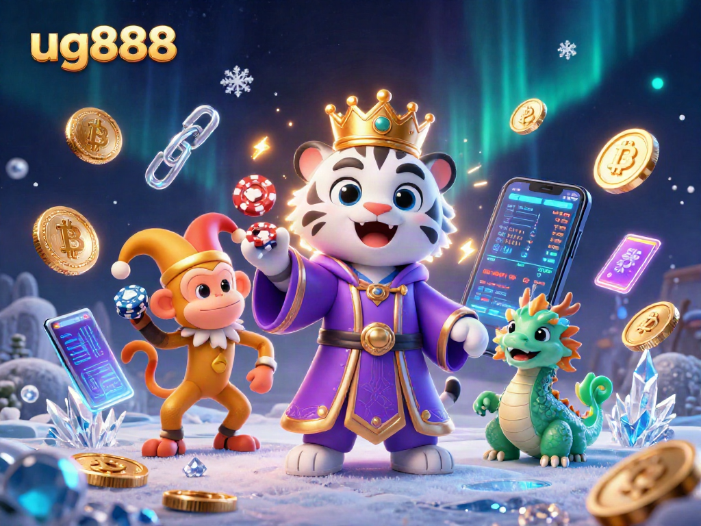 Engage with fun at ug888 casino, featuring a whimsical scene with a tiger, monkey, and jade dragon.