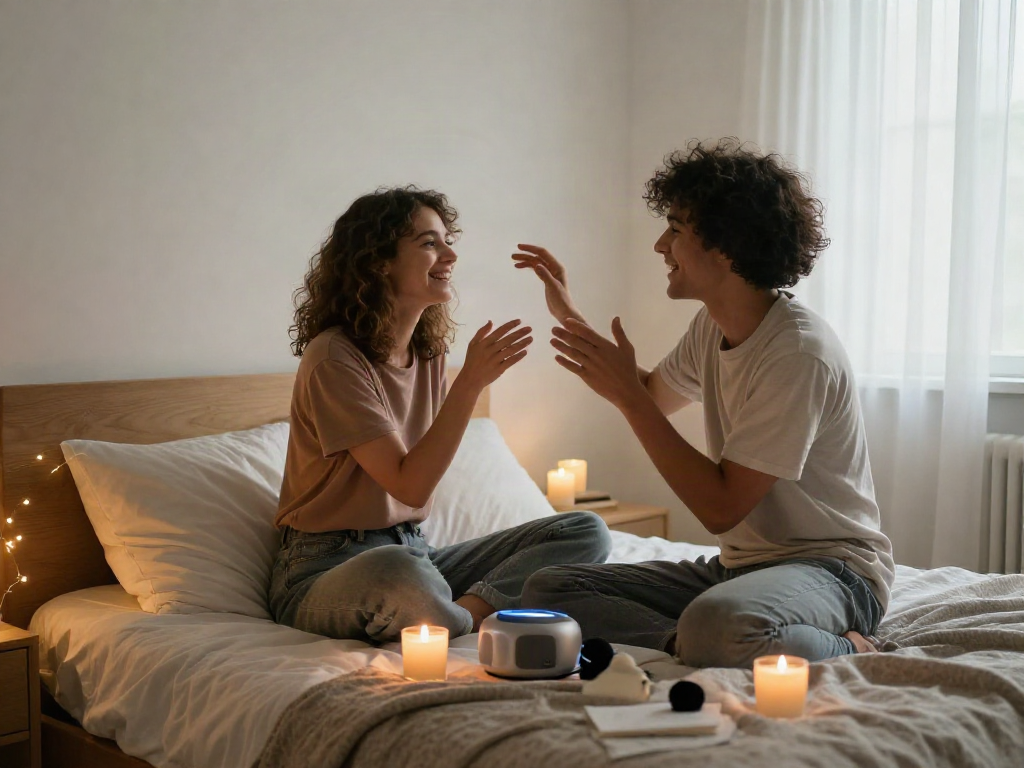 Couple enjoying intimate moments in a cozy bedroom setting, exploring sex ai concepts.