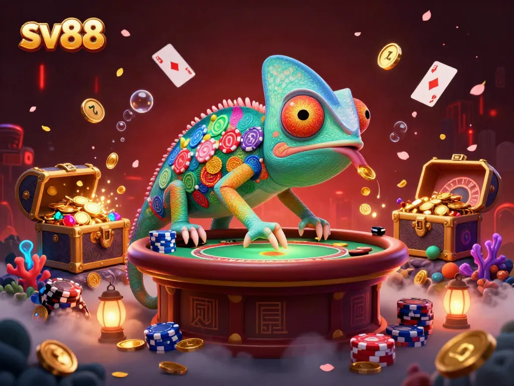 Experience sv88 excitement with a colorful chameleon casino owner amid treasure and cards in action.