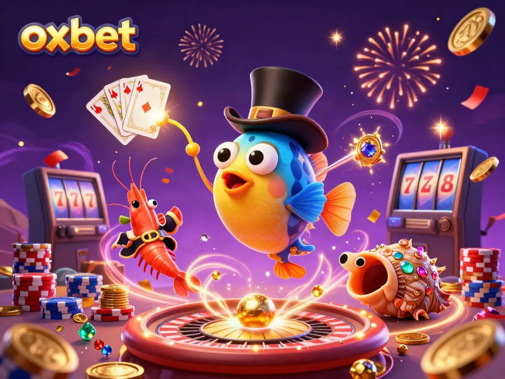 Experience the thrill of Oxbet's casino with vibrant 3D characters, glowing coins, and dynamic game elements.