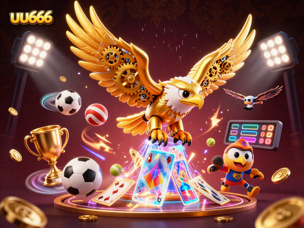 uu666 engages players with exhilarating 3D illustration featuring golden eagle, holographic cards, and action-packed sports elements.