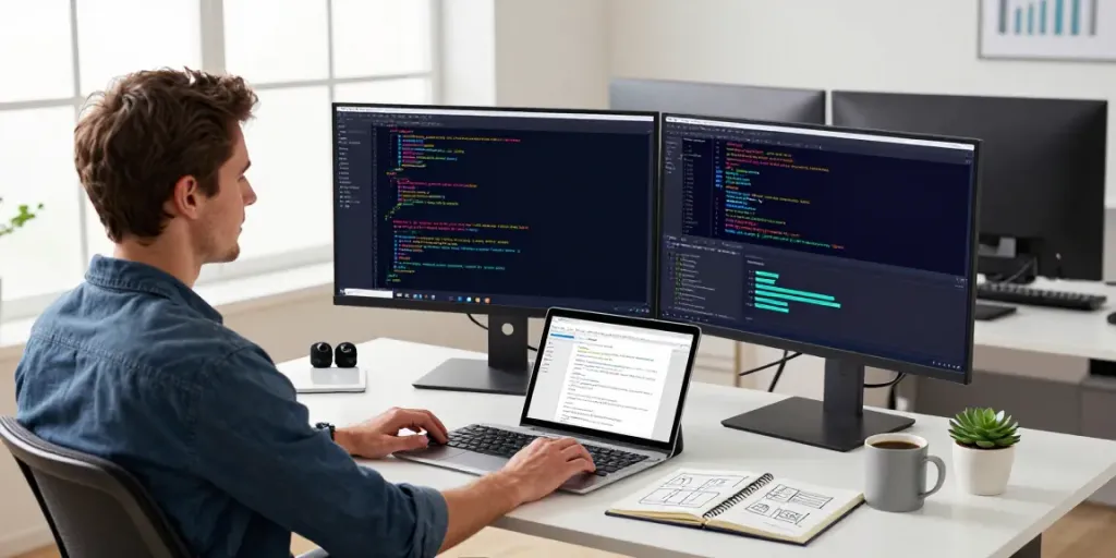 Tech workspace for instant indexing solutions with developer coding actively, dual monitors, and vibrant design elements.