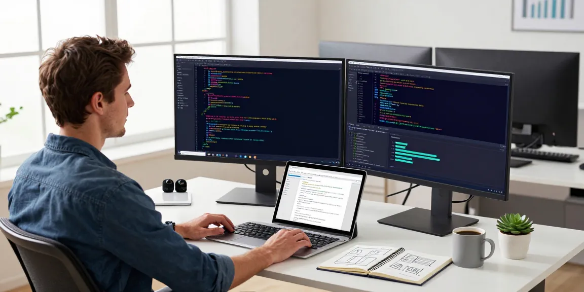 Tech workspace for instant indexing solutions with developer coding actively, dual monitors, and vibrant design elements.