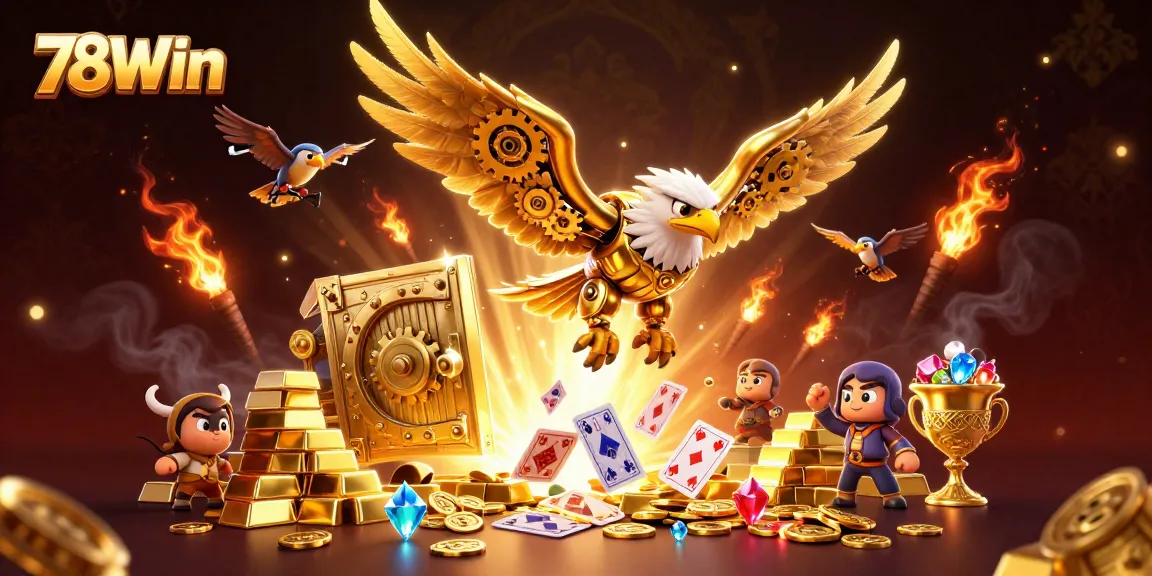 Experience thrilling wins with 78Win in this vibrant casino illustration showcasing a golden eagle and dynamic gaming elements.
