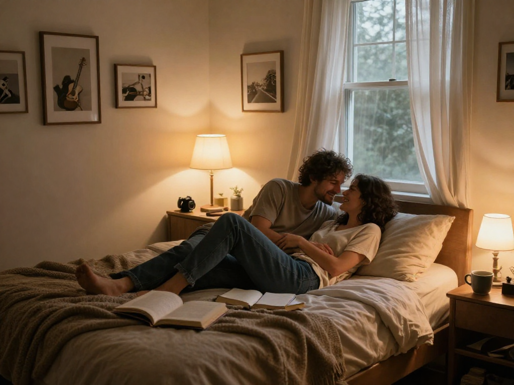 Couple connecting in cozy bedroom, highlighting sex ai and intimacy.
