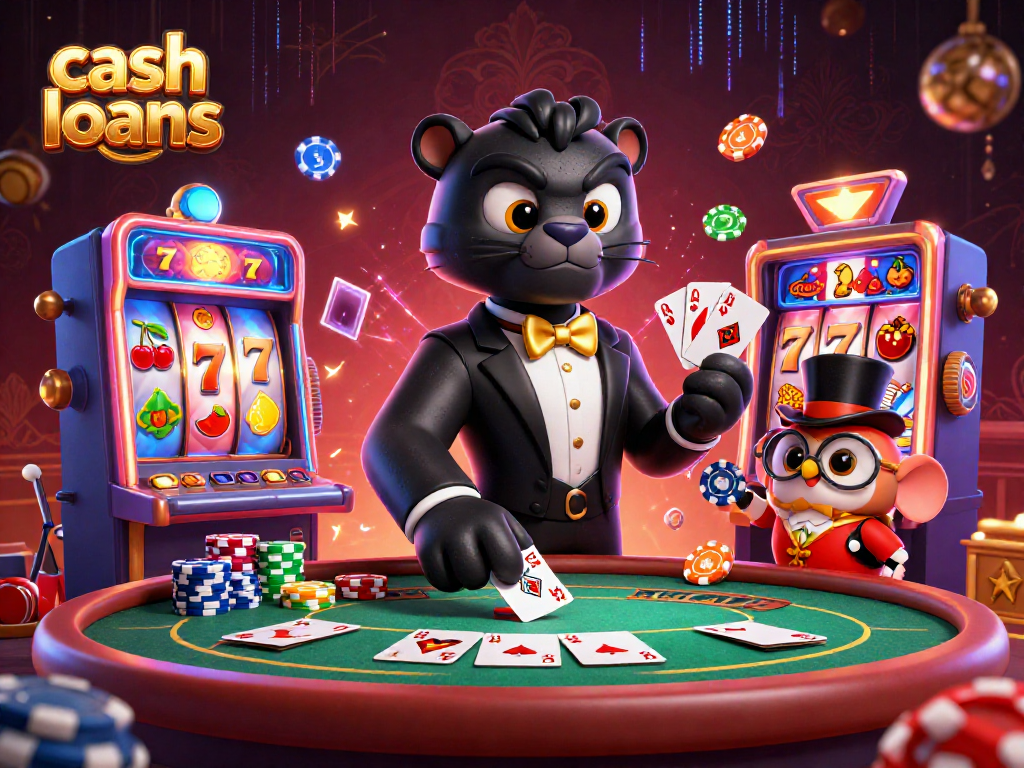 Bet on cash loans with a lively 3D illustration of a panther dealing cards and gaming elements.