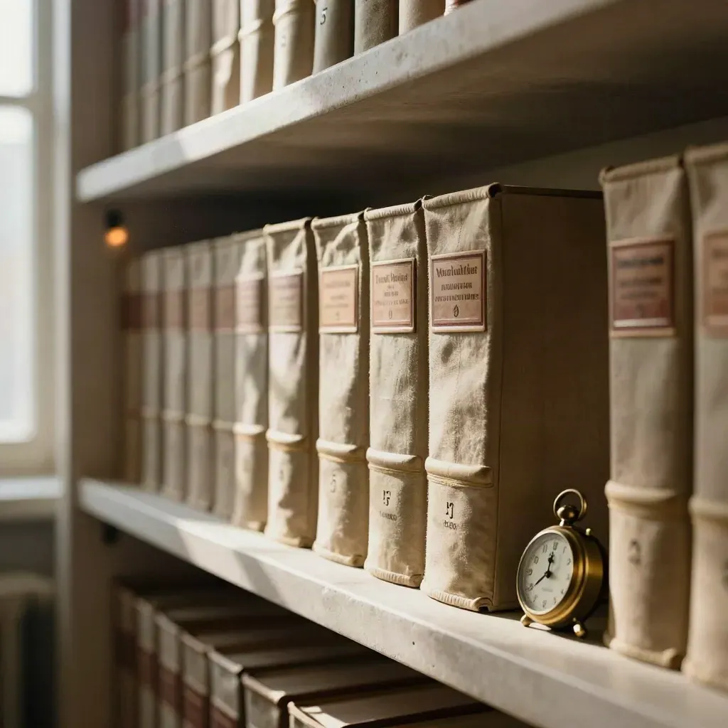 Archival trust boxes and a brass timepiece line a pale stone shelf in a calm records room
