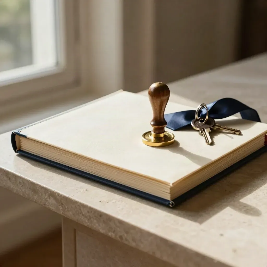 Trust deed folder, brass seal, estate keys and ribbon on stone console in warm light