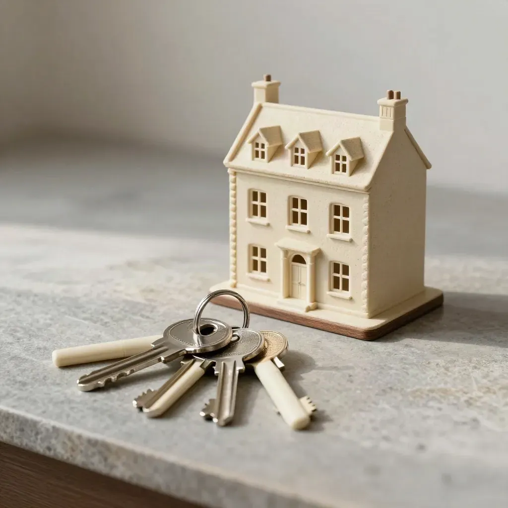 Mini Georgian townhouse model with estate keys and blank markers on brushed stone.