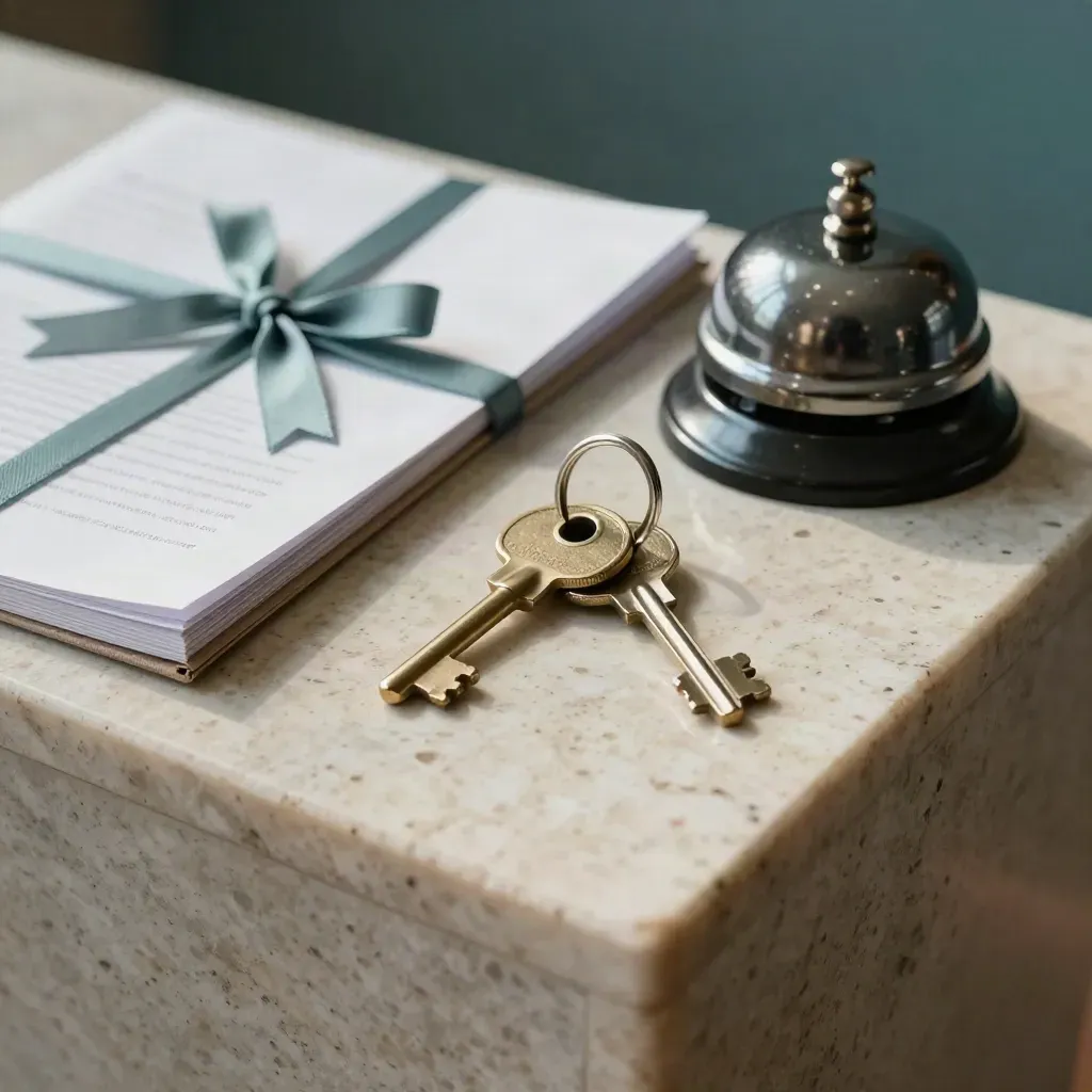Spare brass key settling beside a ribbon-tied consent folder and desk bell on travertine.