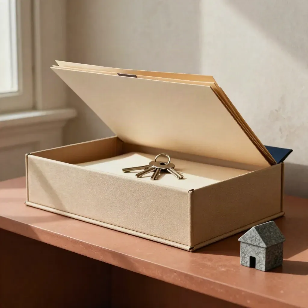 Open estate file box with sealed folders, key tags and a house paperweight in warm archive light.