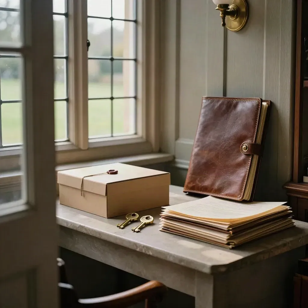 Brass key sets, sealed handover box and bound folders on a stone console in a Surrey outbuilding office.