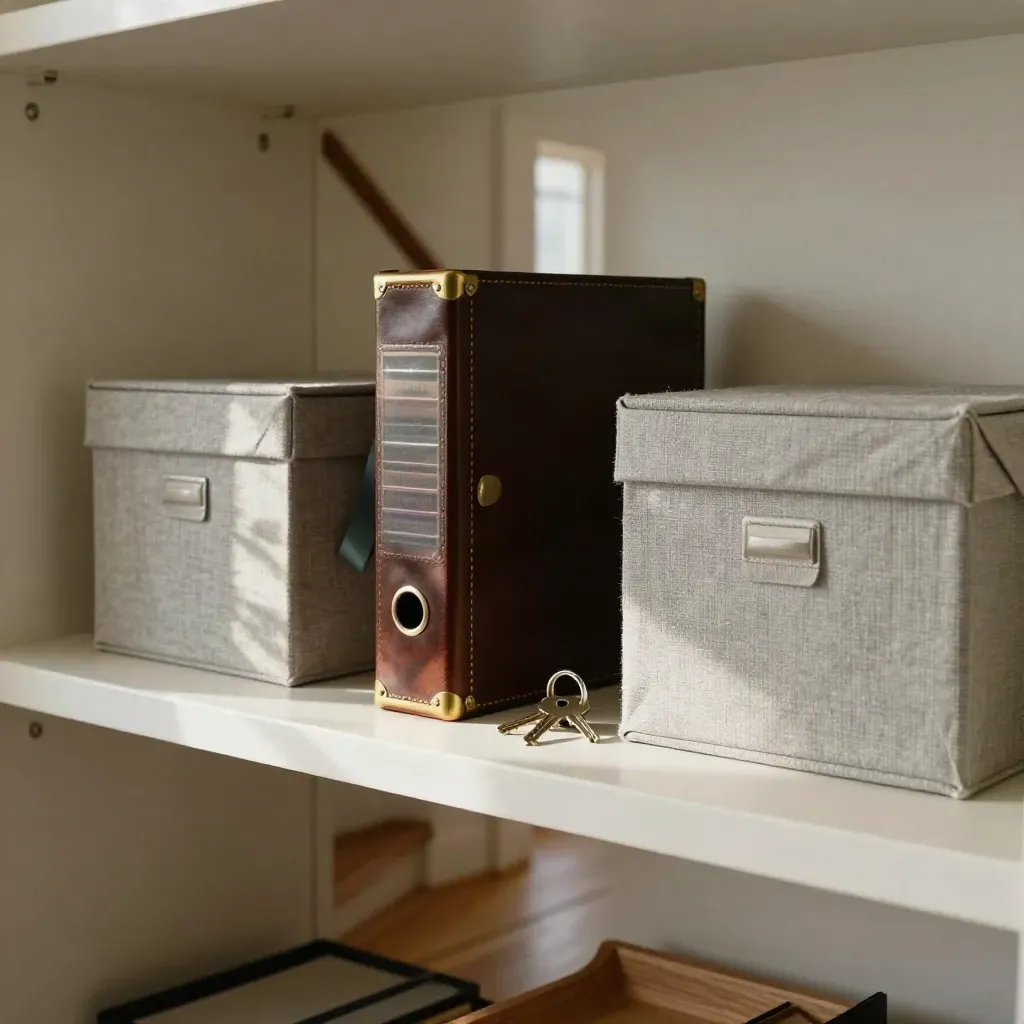 Hallway shelf with archive boxes, deed binder and house keys in warm afternoon light.