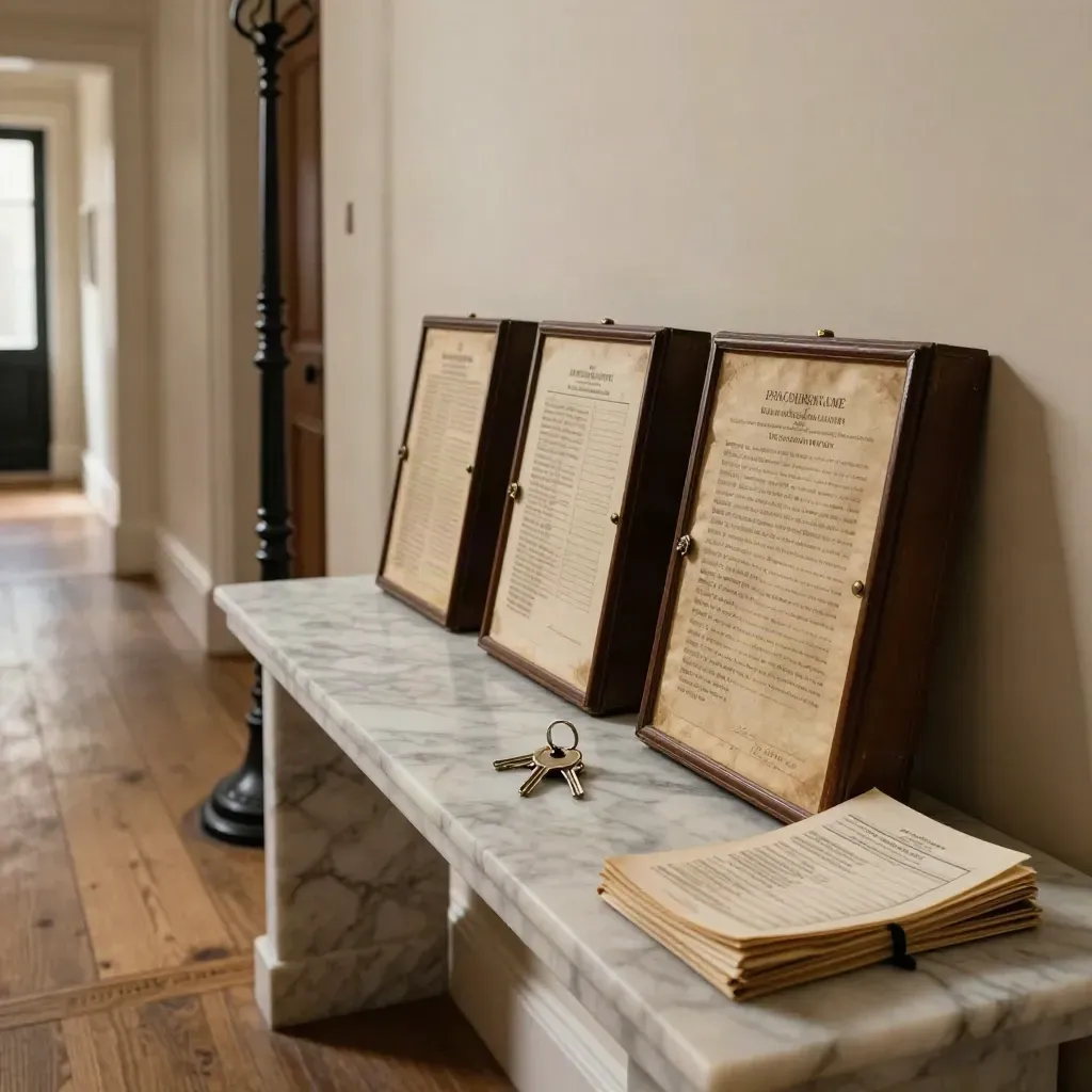 Georgian hall with probate folders, keys and marble console, captured in a calm motion moment.