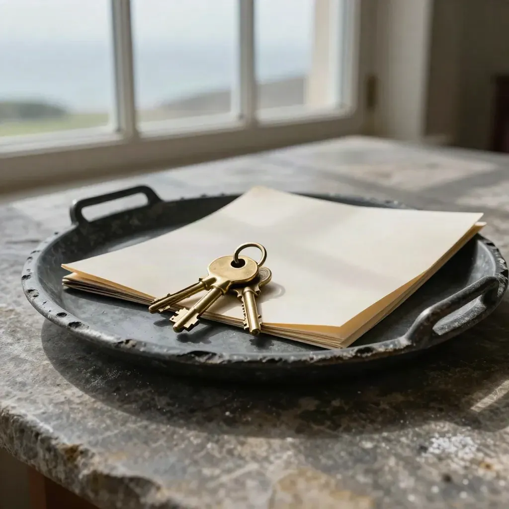 Slate valuation tray with keys and sealed folders on a Dorset stone table above a misty coast