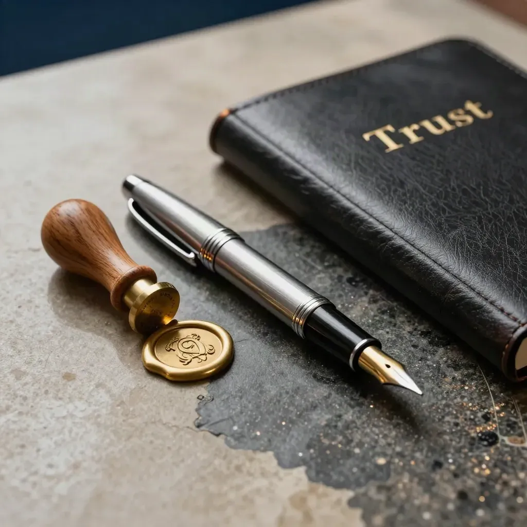 Wax seal, fountain pen, oak opener and trust ledger on dark stone, macro close-up.