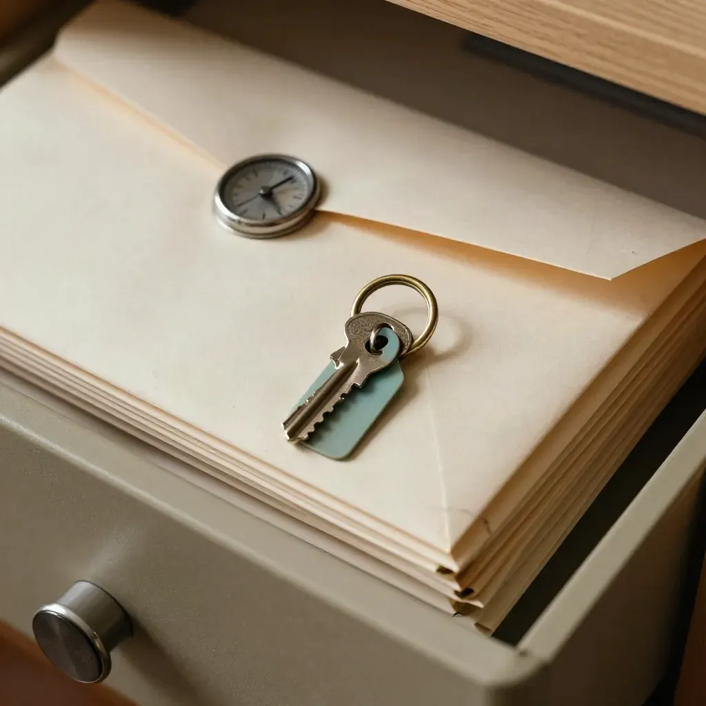 Macro of probate envelopes, date wheel, filing clips and an estate key ring on an archive shelf