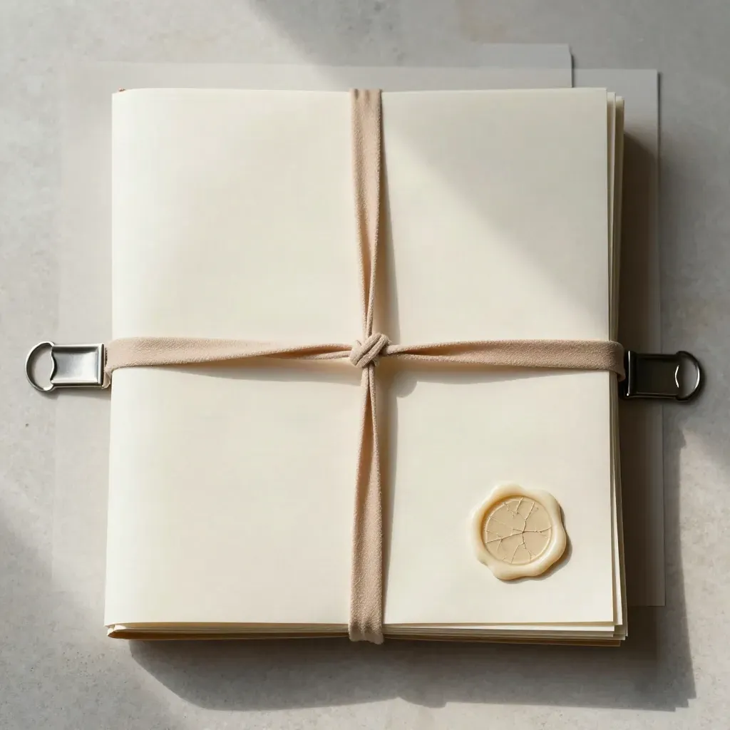 Overhead archive bundle with clips and wax seal on pale stone.