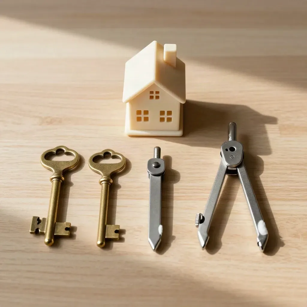 Brass keys, a house model and blank dividers aligned on pale oak in soft daylight.