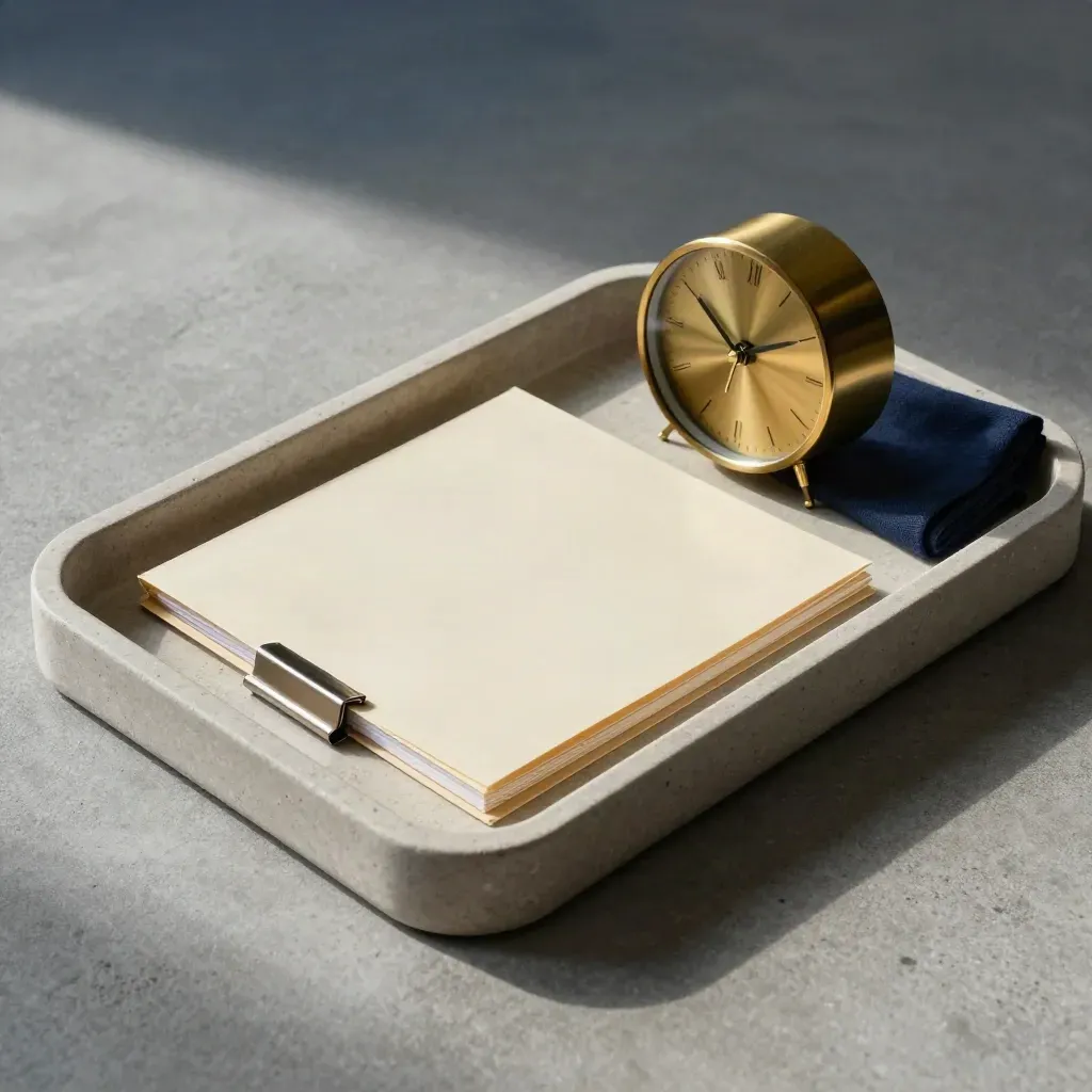 Tray with file folder, binder clips, and brass clock on stone, softly side-lit.