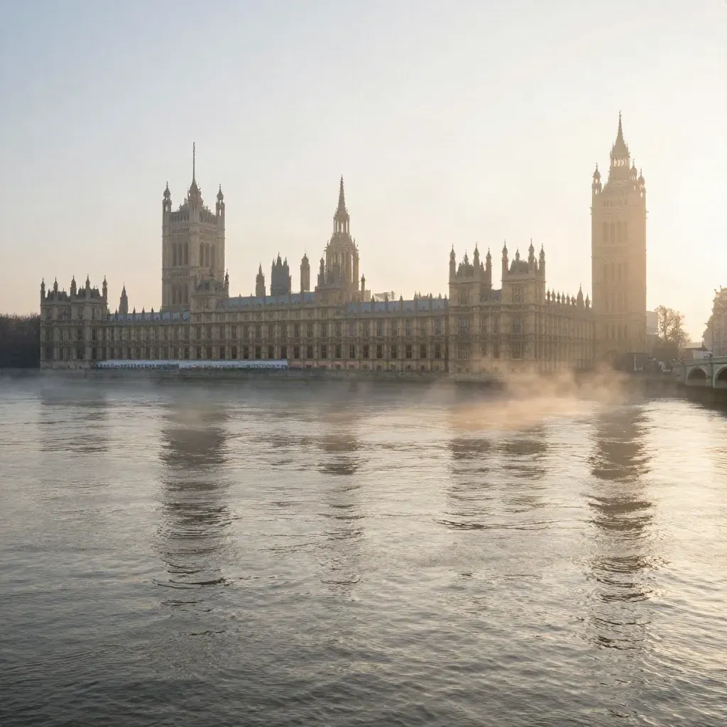 Westminster embankments and the Thames at dawn in mist, with a pale skyline above calm water.