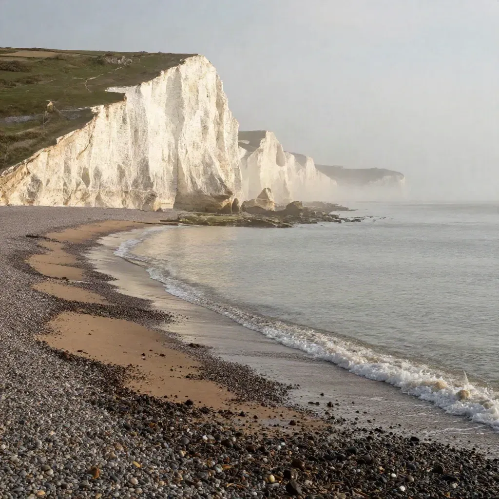 White chalk cliffs above a misty shingle shore at golden first light on the South East coast.
