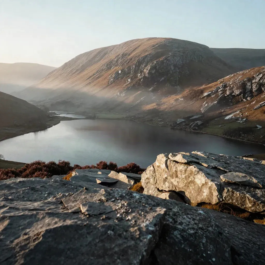 Mist-filled Lake District tarn beneath a high ridgeline in warm late light.