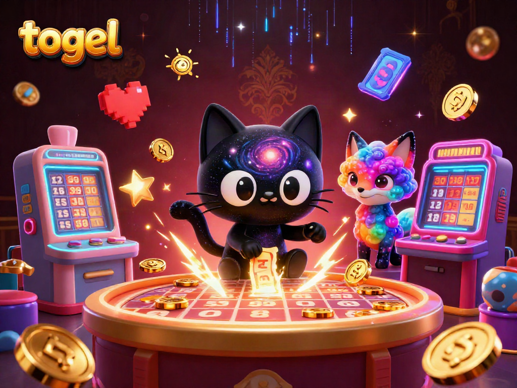 Togel-themed 3D illustration showcasing a black hole cat and nebula fox attracting lottery tickets in a vibrant cosmic setting.