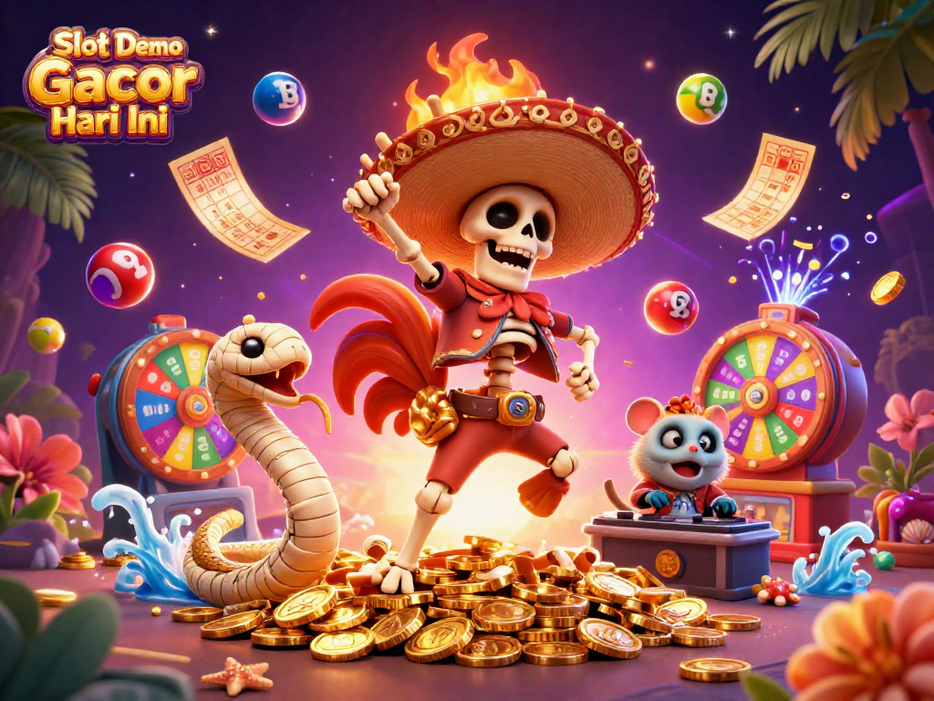 Experience Slot Demo Gacor Hari Ini with vibrant characters dancing on golden coins amidst lottery excitement.