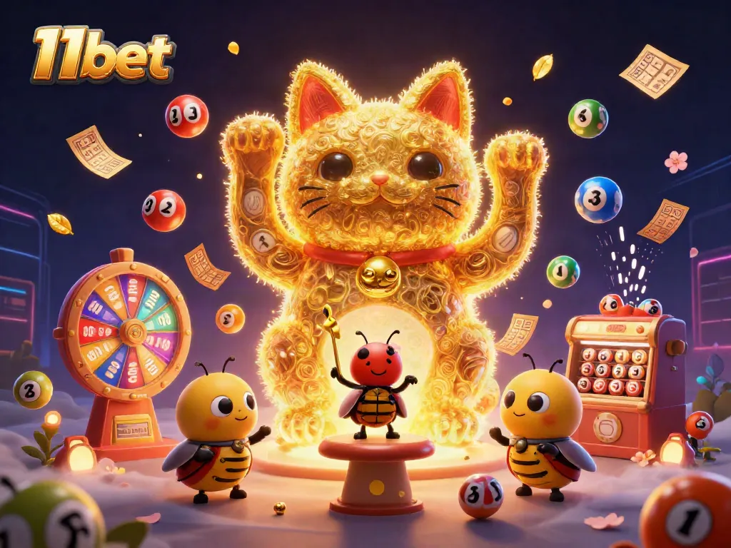 Engage with thrilling 11bet casino games as golden fireflies animate a lucky cat among dynamic lottery elements.