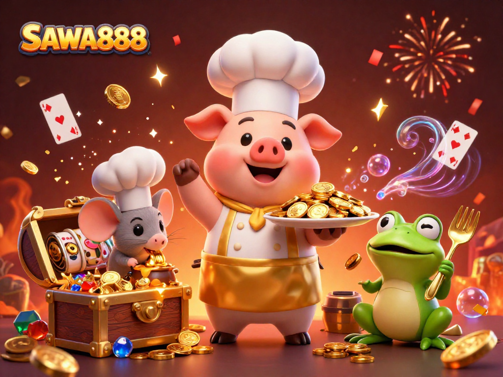 Spin winning slots on SAWA888 amidst a vibrant, festive celebration of gold coins.