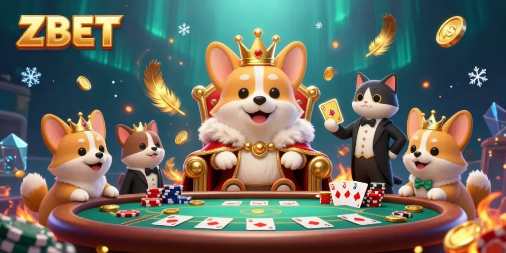 ZBET offers a regal gambling experience with a crowned corgi on a poker chip throne.