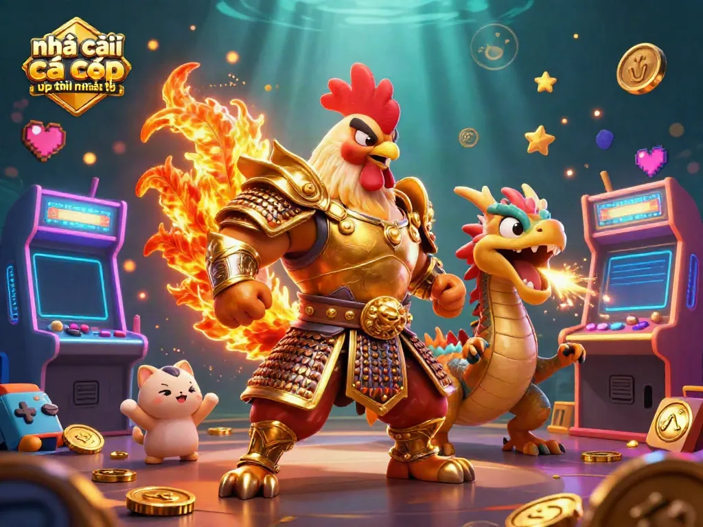 Engage with an exciting scene featuring nhà cái cá cược uy tín cập nhật mới nhất, with a fighting rooster, dragon hatchling, and fortune cat.