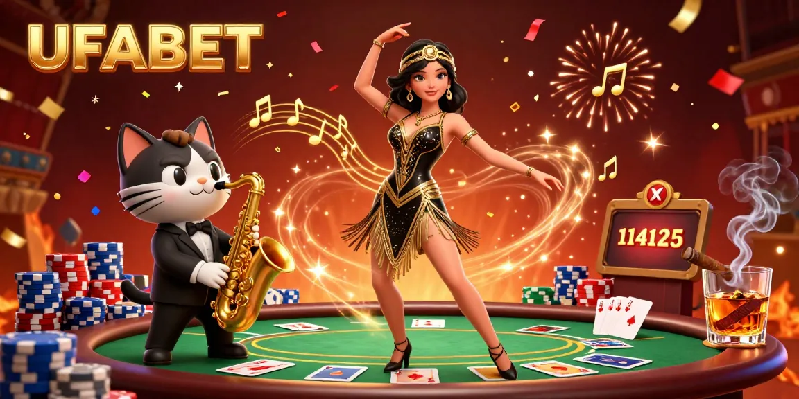 Experience thrilling action with UFABET in this vibrant casino illustration filled with poker elements and celebratory energy.
