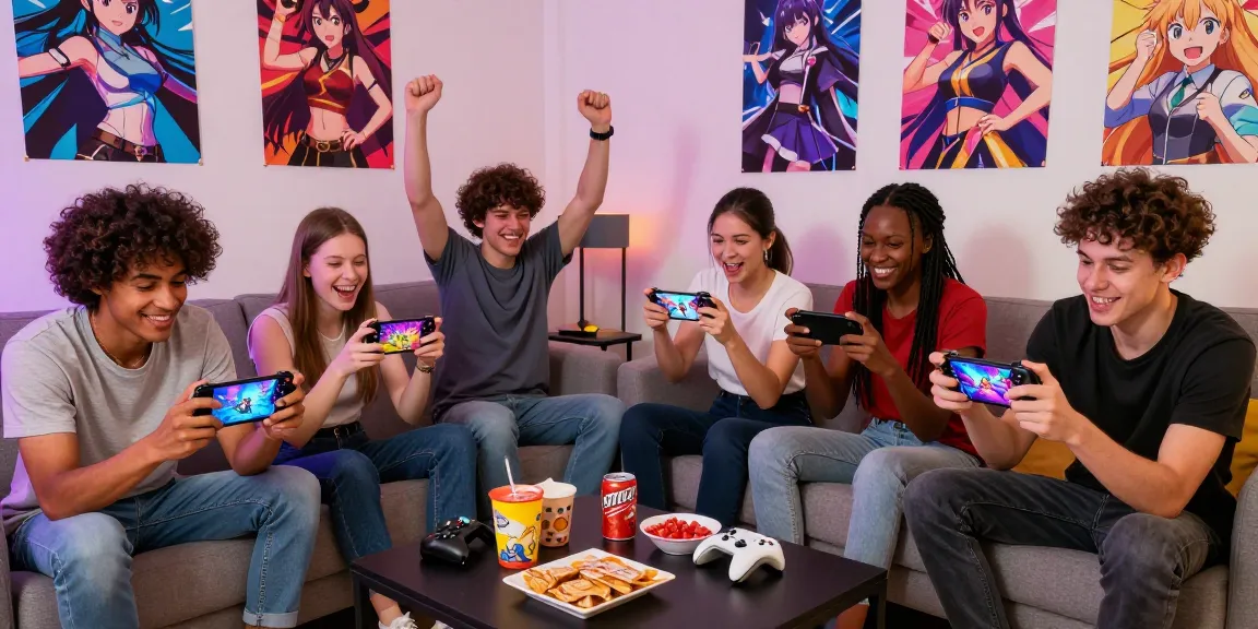 Friends playing a hentai game on mobile devices in a vibrant and cozy gaming room.