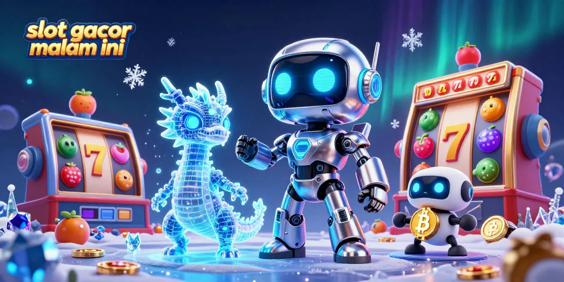 Engage with slot gacor malam ini in this vibrant 3D casino scene featuring a cyberpunk robot and digital icons.