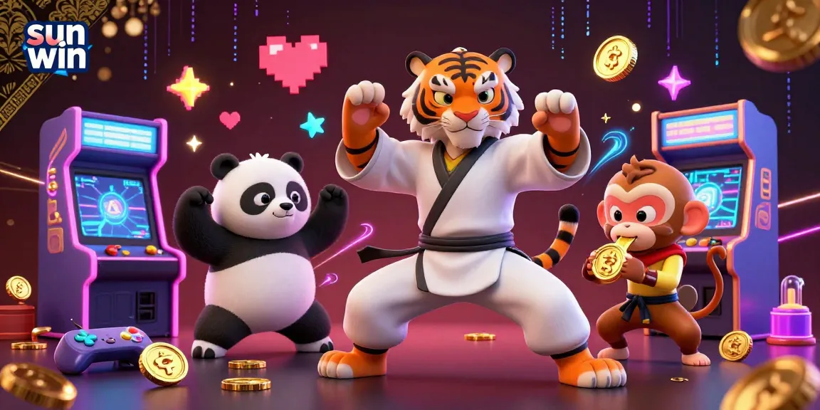 Experience the thrill of sun win with a kung fu tiger mastering casino dynamics in a vibrant 3D illustration.
