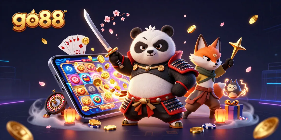 Experience thrilling wins at go88 with a vibrant 3D casino scene featuring unique characters and games.