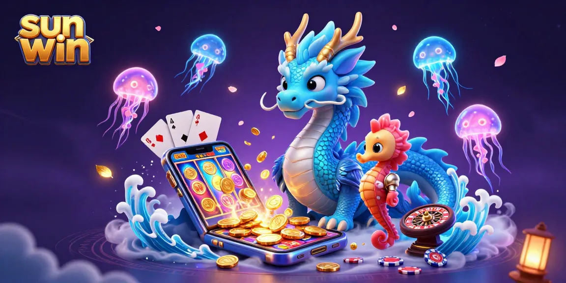 Experience the sun win action with vibrant casino elements featuring a water dragon and gaming treasures.