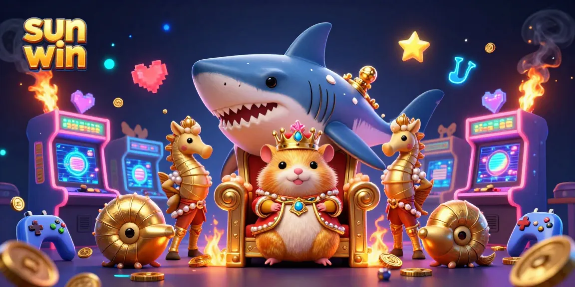 Engage in thrilling gaming adventures at sun win, featuring a majestic hamster king enthroned amidst colorful casino elements.