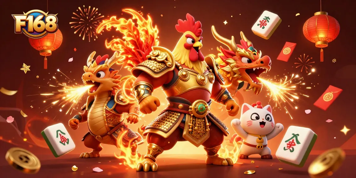 Experience F168 with a powerful rooster warrior and dragon in a vibrant casino-themed illustration.