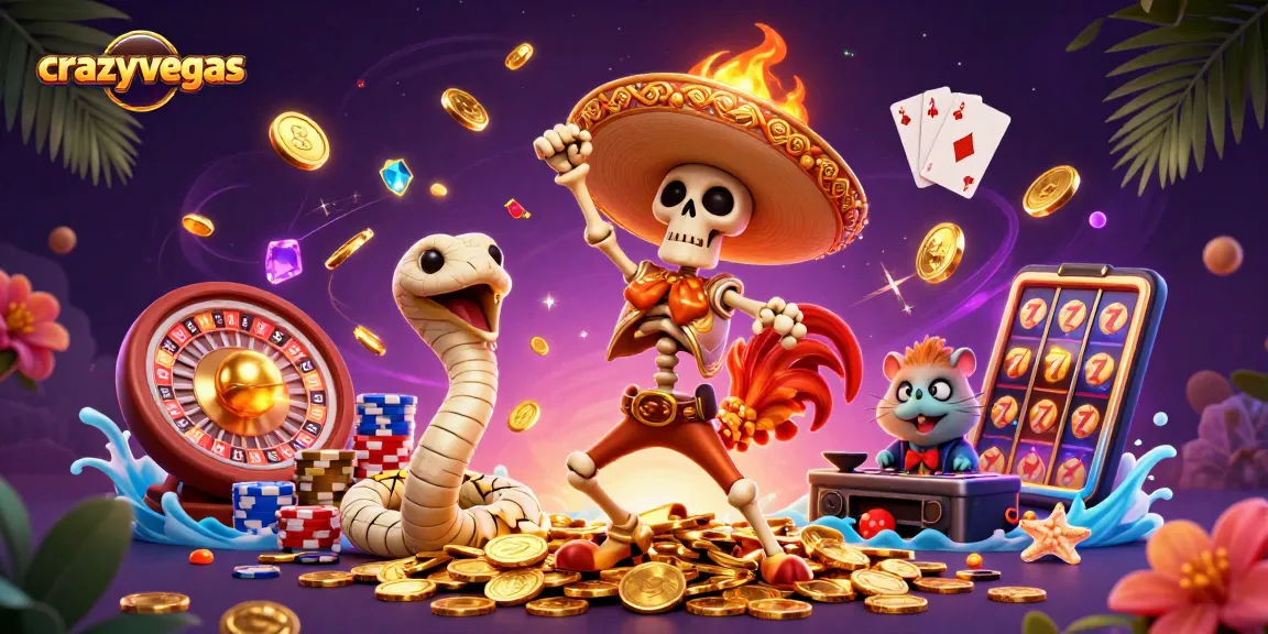Experience the excitement of crazyvegas with a vibrant 3D illustration of casino characters celebrating wins.